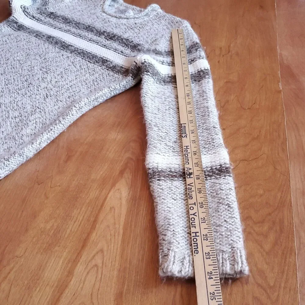 VTG Roll Neck Sweater Sz L Wool Blend Chunky Fisherman Beige Neutral Stripe